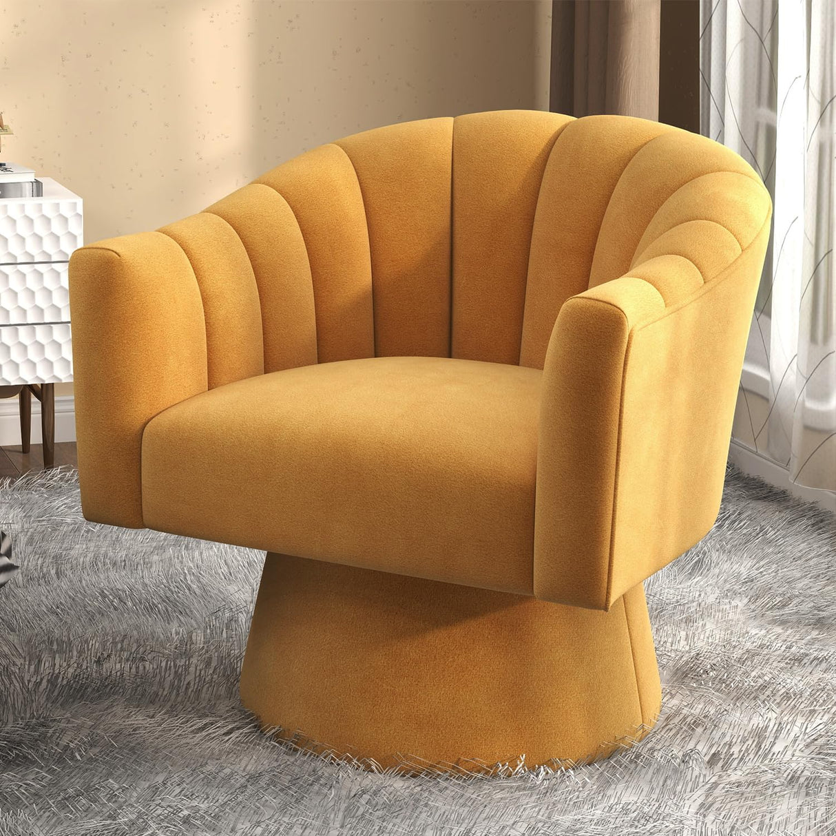 Swivel Accent Chair,Upholstered Velvet 360° Swivel Barrel Chair for Living Room Overstuffed Bouncle Reading Chair Round Armchair for Bedroom,Vanity,Office(Mustard) SEYNAR