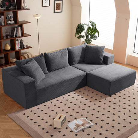 Modular Sectional Sofa, 108" L-Shaped Boneless Couch with Deep Seat, Corduroy Cloud Couch for Living Room, Bedroom, No Assembly Required, Ship in a Box, Grey RUMBALUXY