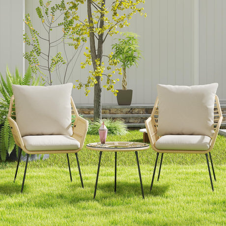 DAYAOUTDOOR 3 Pieces Outdoor Bistro Set, Bistro Set Outdoor with Glass Top Table, Patio Wicker Furniture Set 3 Piece, Rattan Conversation Set for Balcony, Lawn, Garden, Backyard, Poolside, Beige DAYAOUTDOOR