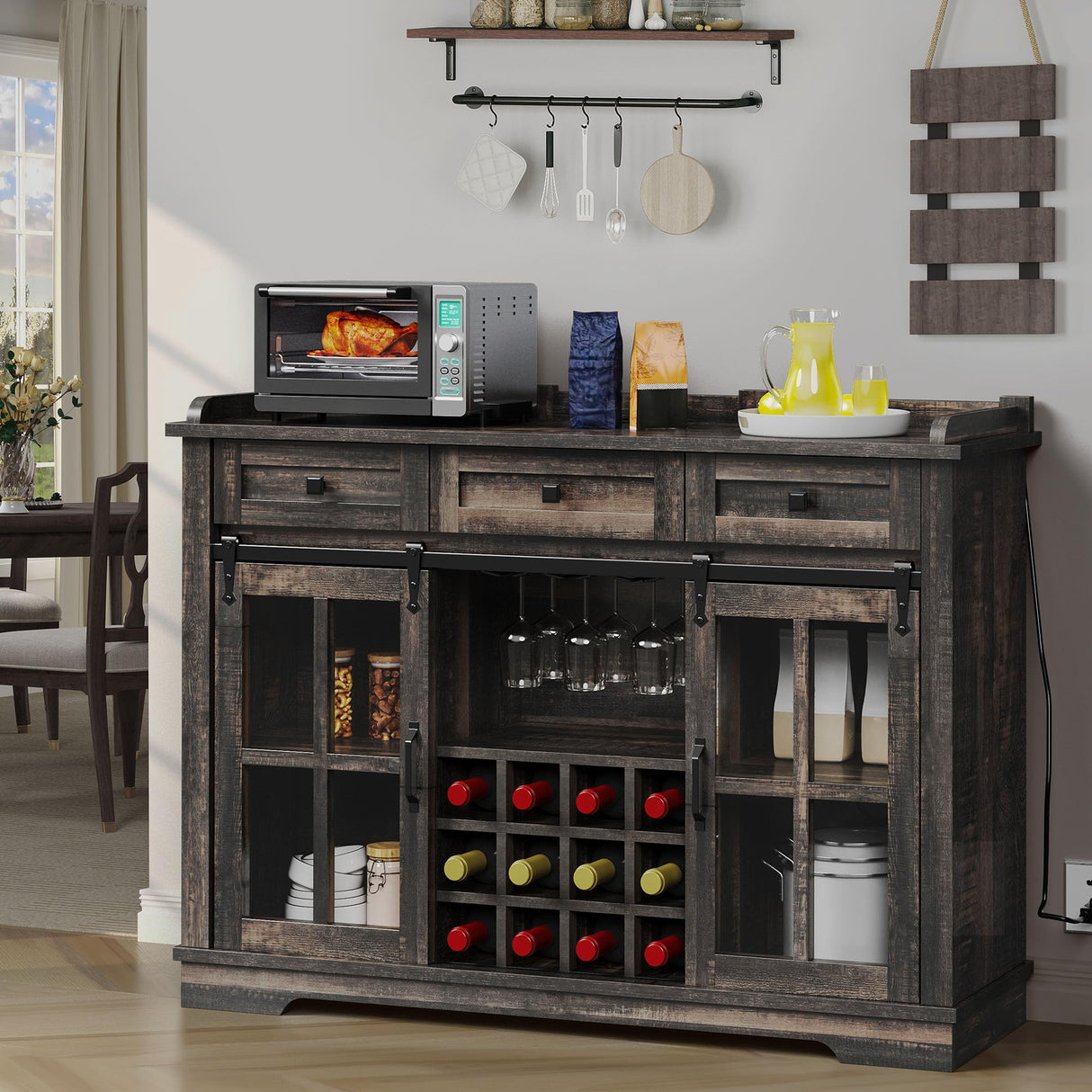 YITAHOME 53" Wine Bar Cabinet for Liquor and Glasses, Farmhouse Kitchen Sideboard Buffet Coffee Bar Cabinets with 3 Drawers and Glass Sliding Barn Door for Kitchen & Living Room, Dark Rustic Oak YITAHOME