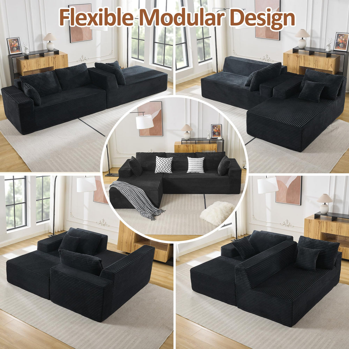 WUTUTUEE 110" Boneless Sectional Couch with Chaise Lounge, Cloud Couch Compressed Sofa L Shape, No Assembly Memory Foam Sofa for Living Room, Black Corduroy WUTUTUEE