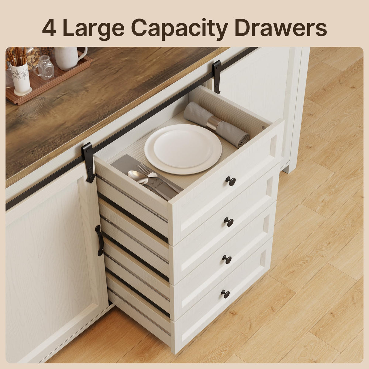 Gizoon Farmhouse Sideboard Buffet Cabinet with Storage, Large Coffee Bar Cabinet with Sliding Barn Doors and Adjustable Shelf, Kitchen Storage with 4 Drawers for Dining Room, Living Room, Retro Gizoon