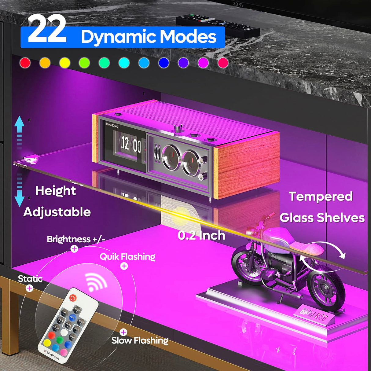 Bestier TV Stand for 75/80/85/90 Inch TV, LED Gaming Entertainment Center, Modern TV Cabinet with Glass Shelves for Living Room, 2 Storage Drawers & Cabinets for Bedroom, Black Glossy Bestier