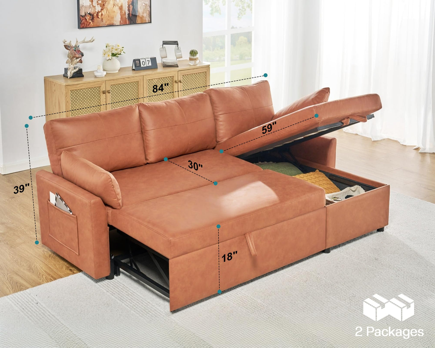 PaPaJet Sofa Bed, Sofa Sleeper with Storage Chaise, L Shape Pull Out Couch Bed, Oversized Sofas for Living Room-Brown Leathaire