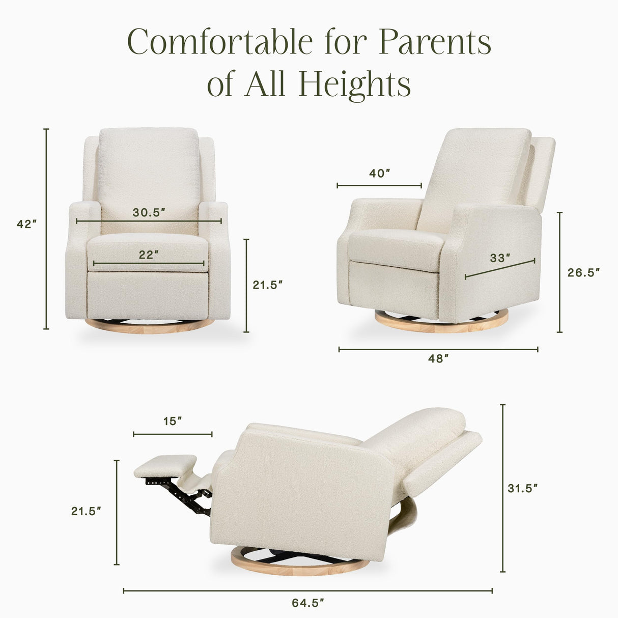 Namesake Crewe Recliner and Swivel Glider in Ivory Boucle with Light Wood Base, Greenguard Gold Certified NAMESAKE
