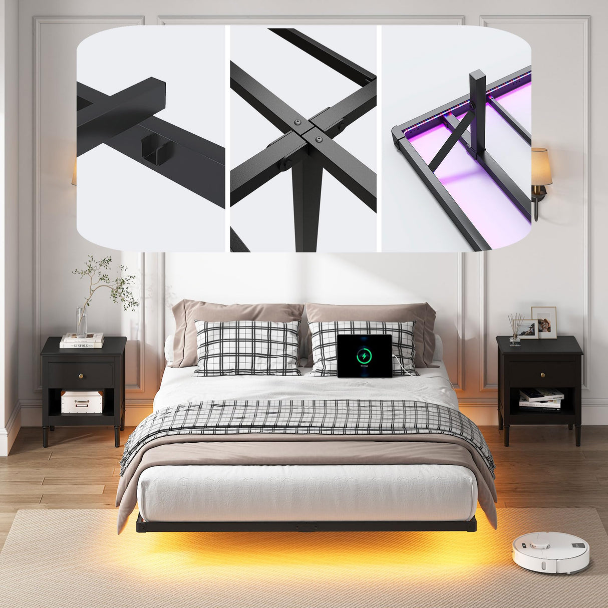 YORMDMO Floating Bed Frame Queen Size, Heavy Duty Bedframe with Smart LED Lights & Charging Station, Modern Metal Platform Bed, Easy Assembly No Box Spring Needed, 8 Inch YORMDMO