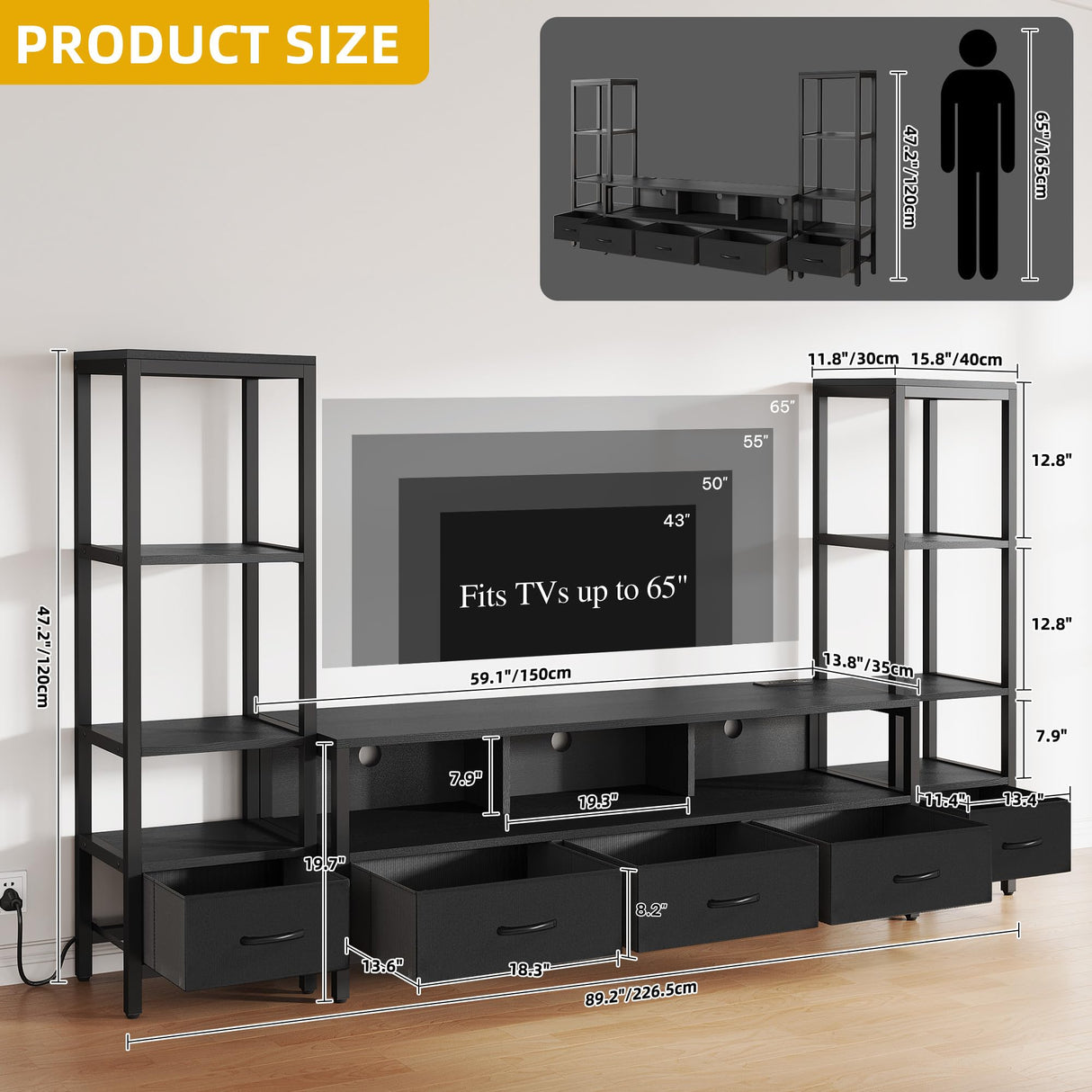 DWVO Entertainment Center with Bookshelves, LED TV Stand for 65/60 inch TV, Black TV Stand for Living Room with 2 Modern 4-Tier Bookshelves & Power Outlets, Black DWVO