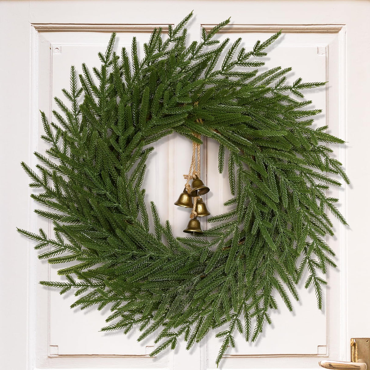 Dolicer Christmas Wreath - 24" Real Touch Norfolk Pine Wreath, Christmas Wreaths for Front Door Artificial Pine Green Wreath with Bell for Wall Windows Mantle Outdoor Outside Christmas Decoration Dolicer