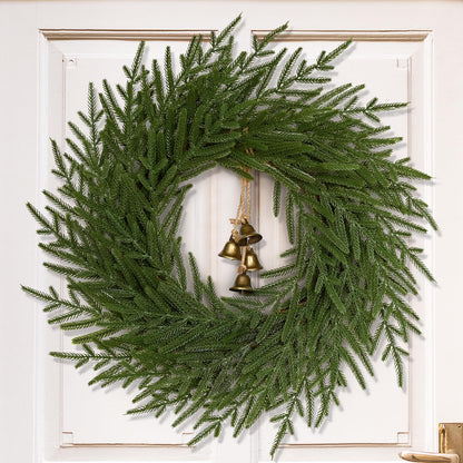 Dolicer Christmas Wreath - 24" Real Touch Norfolk Pine Wreath, Christmas Wreaths for Front Door Artificial Pine Green Wreath with Bell for Wall Windows Mantle Outdoor Outside Christmas Decoration