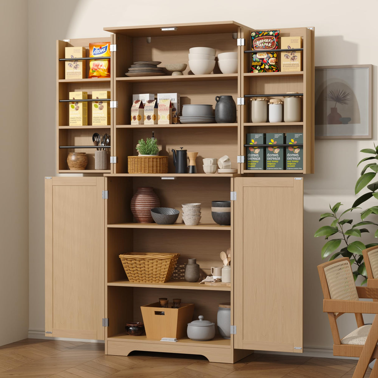 Furnify 72" Tall Kitchen Pantry with Rattan Doors, Storage Cabinet with Organizer, Adjustable Shelves, Wood Freestanding Cupboard for Kitchen, Dining Room, Bathroom and Hallway, Natural Oak Furnify