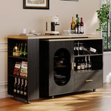 HSH 72" Rolling Kitchen Island with Seating, 360° Swivel Table, Kitchen Island with Storage Cabinet, Drawer & Shelves, Farmhouse Mobile Island Cart on Wheels for Dining Room & Home Bar, Black Oak HSH