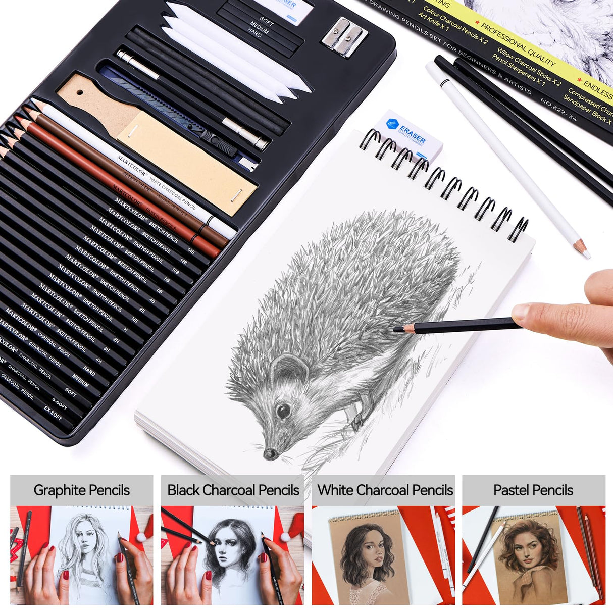 MARTCOLOR Drawing Sketching Pencils Set, 34 Pieces Pro Art Pencil Kit - Graphite Pencils (14B-4H), Charcoal Pencils, Charcoal Sticks, Artist Pencils for Beginners & Pro Artists MARTCOLOR