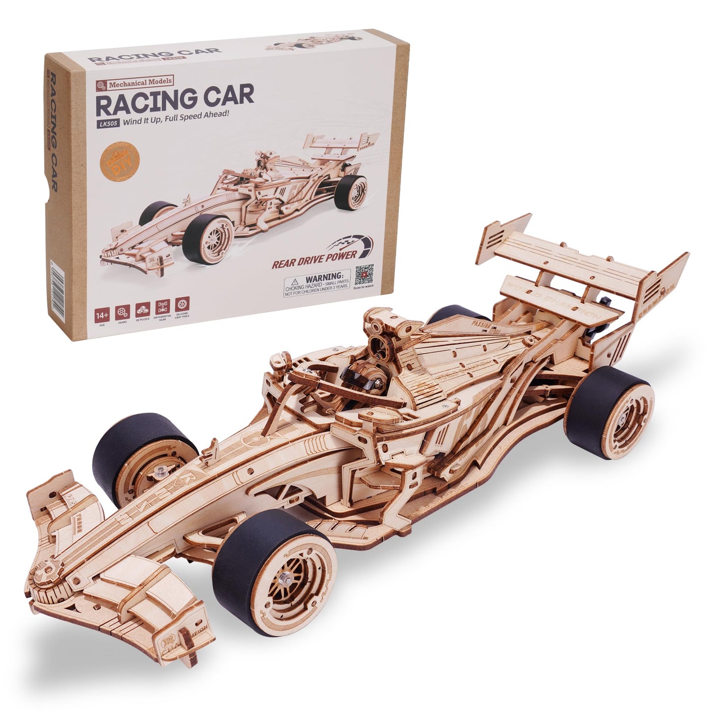 ROBOTIME 3D Puzzles for Adults, 1:18 Scale Wooden Racing Car LK505, Wood Mechanical Model Car Kits to Build, Cool Crafts for Teens & Adults Project Kits Model Building Set