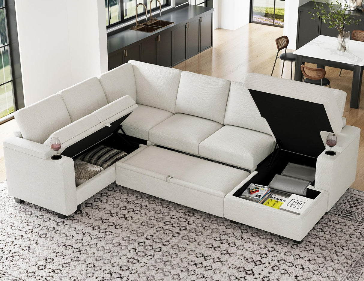 Belffin Sleeper Sofa Modular Sectional Pull Out Couch Bed U Shaped Sofa Couch for Living Room with Storage Chaise. White Belffin