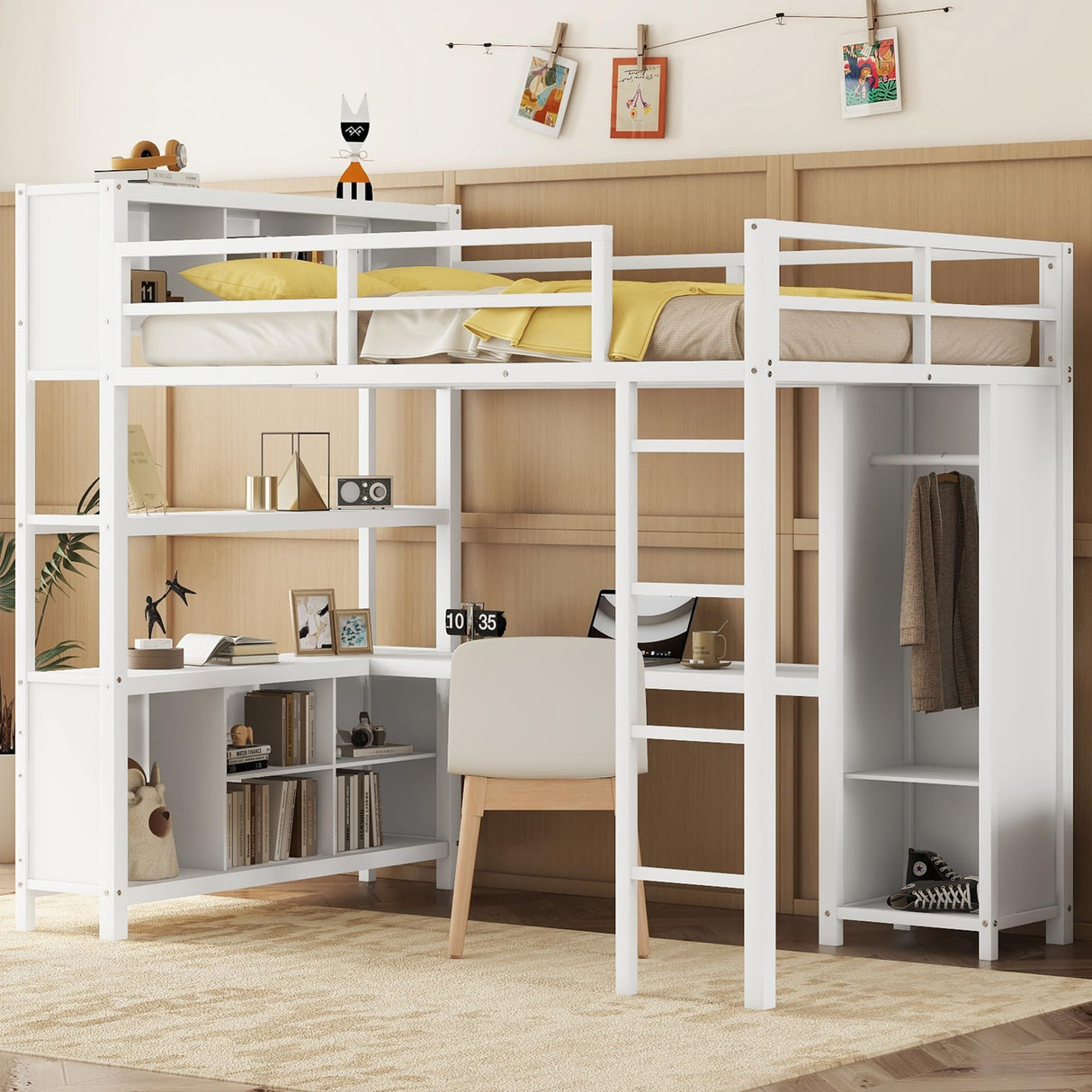 Full Size Loft Bed with Wardrobe and Storage Cubes, Heavy Duty Loft Bed with Desk, Storage Shelf and Guardrail, White Bellemave