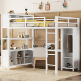 Full Size Loft Bed with Wardrobe and Storage Cubes, Heavy Duty Loft Bed with Desk, Storage Shelf and Guardrail, White Bellemave