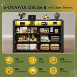 WLIVE 6 Drawer Led Dresser for Bedroom, 50.79'' Black Wood Dresser Storage Organizer with Power Outlets for 55'' TV, Dressers with Open Shelves, Hanging Rack, Chest of Drawers for Closet, Living Room WLIVE
