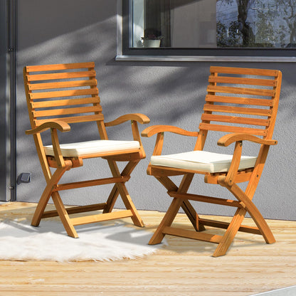 IDZO, Percy Chairs Heavy Duty 400lbs Capacity Set of 2 with Cushion, FSC Acacia Outdoor Furniture, Teak Finish, Fully Assembled, Wood Folding Beige - WoodArtSupply