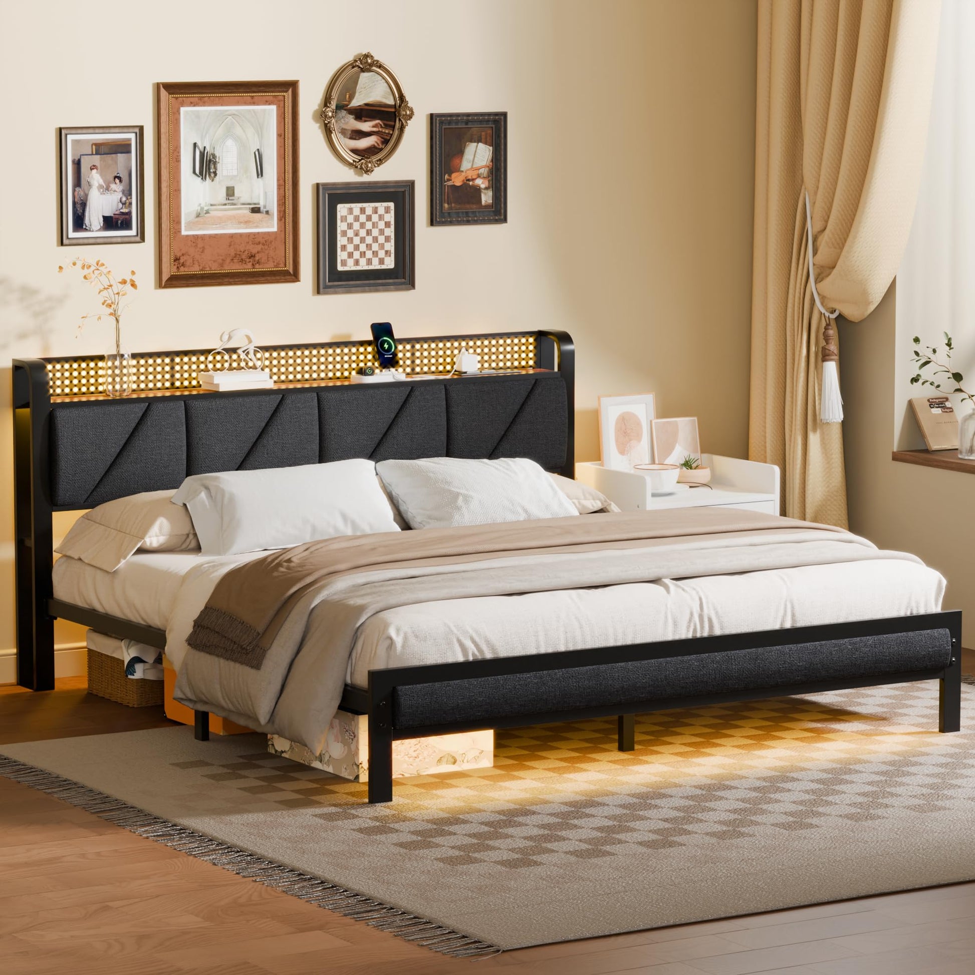 Furnulem Rustic Brown King Bed Frame with LED Light, Charging Station, and Under-Bed Storage - WoodArtSupply