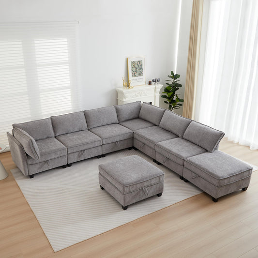 Oversize Corner Modular Sectional Sofa Set, Convertible L Shaped Couch with Storage, 8 Seater Sofa Modular with Ottomans and Reversible Chaise for Living Room, Office (Grey)