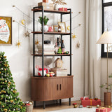 ONBRILL 71" Tall Bookshelf, 4-Tier Book Shelf with Storage Cabinet, Modern Bookcase with Sliding Door and Adjustable Footpad, Freestanding Storage Organizer Bookshelf for Living Room, Bedroom, Walnut ONBRILL