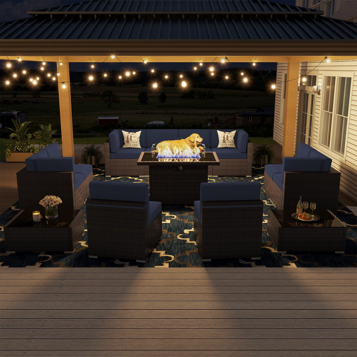 Vakollia 13 Pieces Patio Furniture Set with 44" Propane Gas Fire Pit Table, Outdoor Sectional Wicker Conversation Sofa Sets with Coffee Table Vakollia