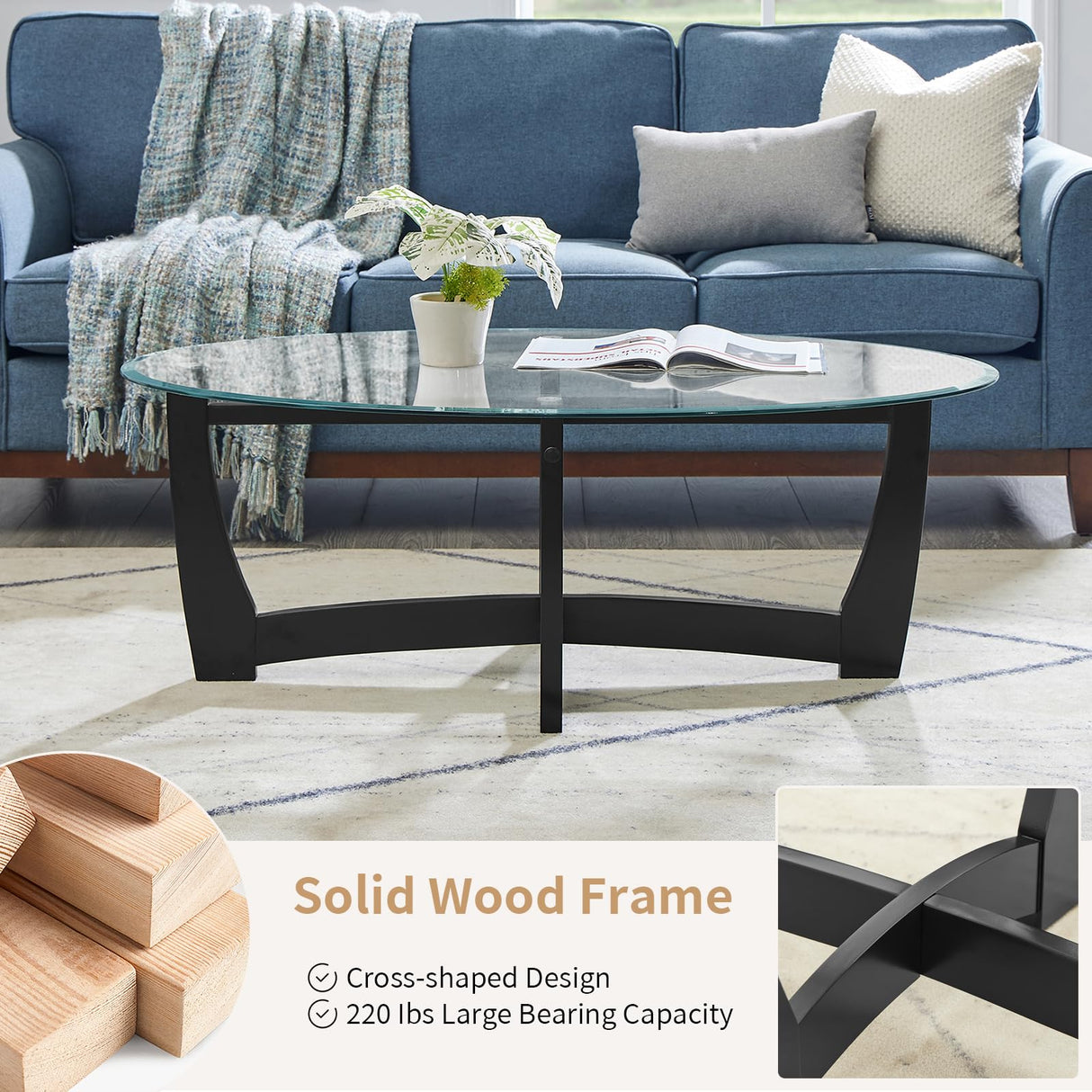 LKTART 48" Oval Glass Coffee Table with Tempered Glass Top Cross and Solid Wood Base Simple & Modern Center Table for Living Room Office Apartment Black LKTART