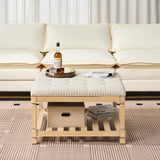 Befurtori Large Square Ottoman Coffee Table, Linen Solid Upholstered Footrest Ottoman with Solid Wood Shelf Storage Tufted Coffee Table for Bedroom Living Room-Ivory Befurtori