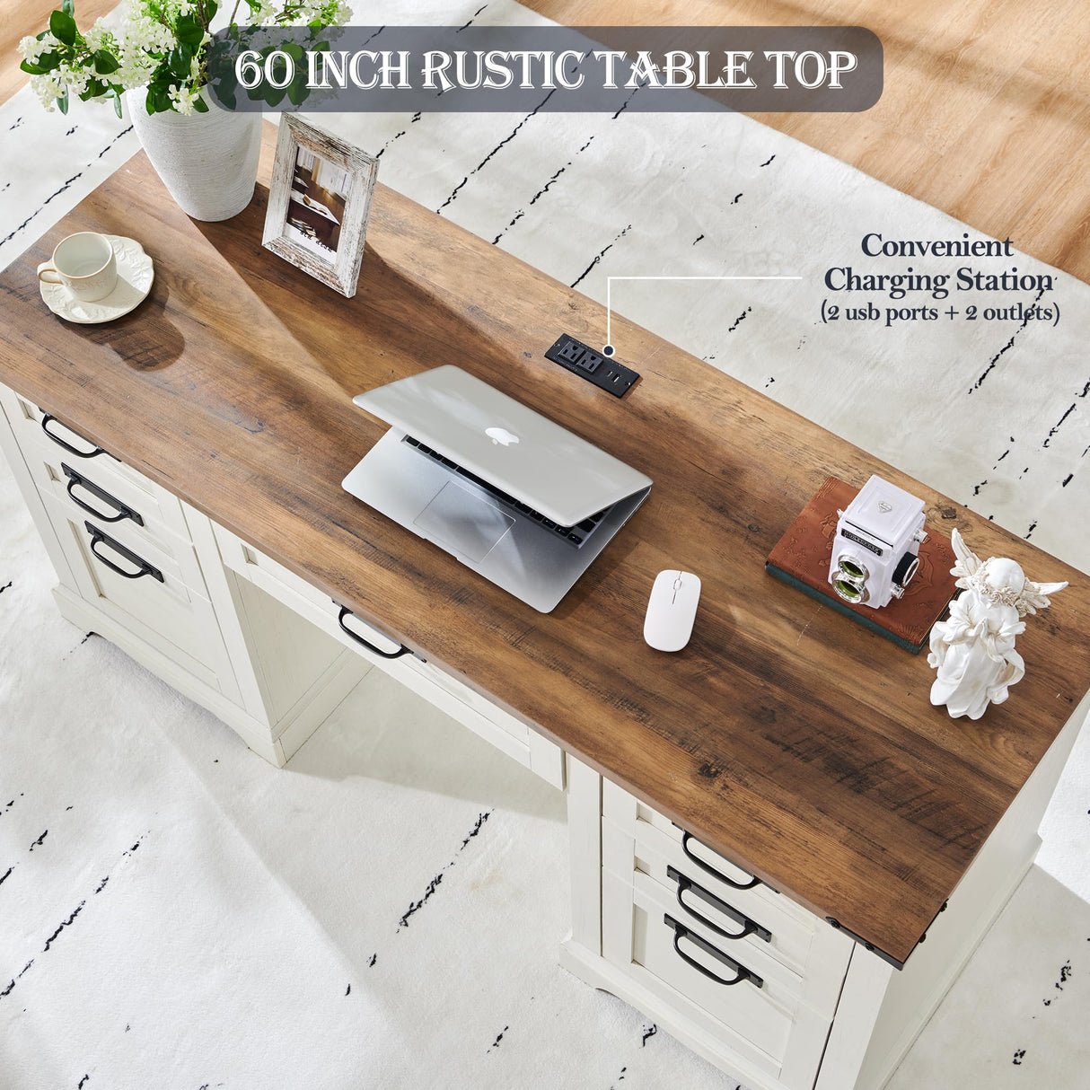 RedLemon 60" Farmhouse Executive Desk with Drawers, Wood Home Office Desk w/Charging Station, Keyboard tray, File Drawer, Storage Cabinet, Rustic Computer Writing Desk (Antique White) RedLemon