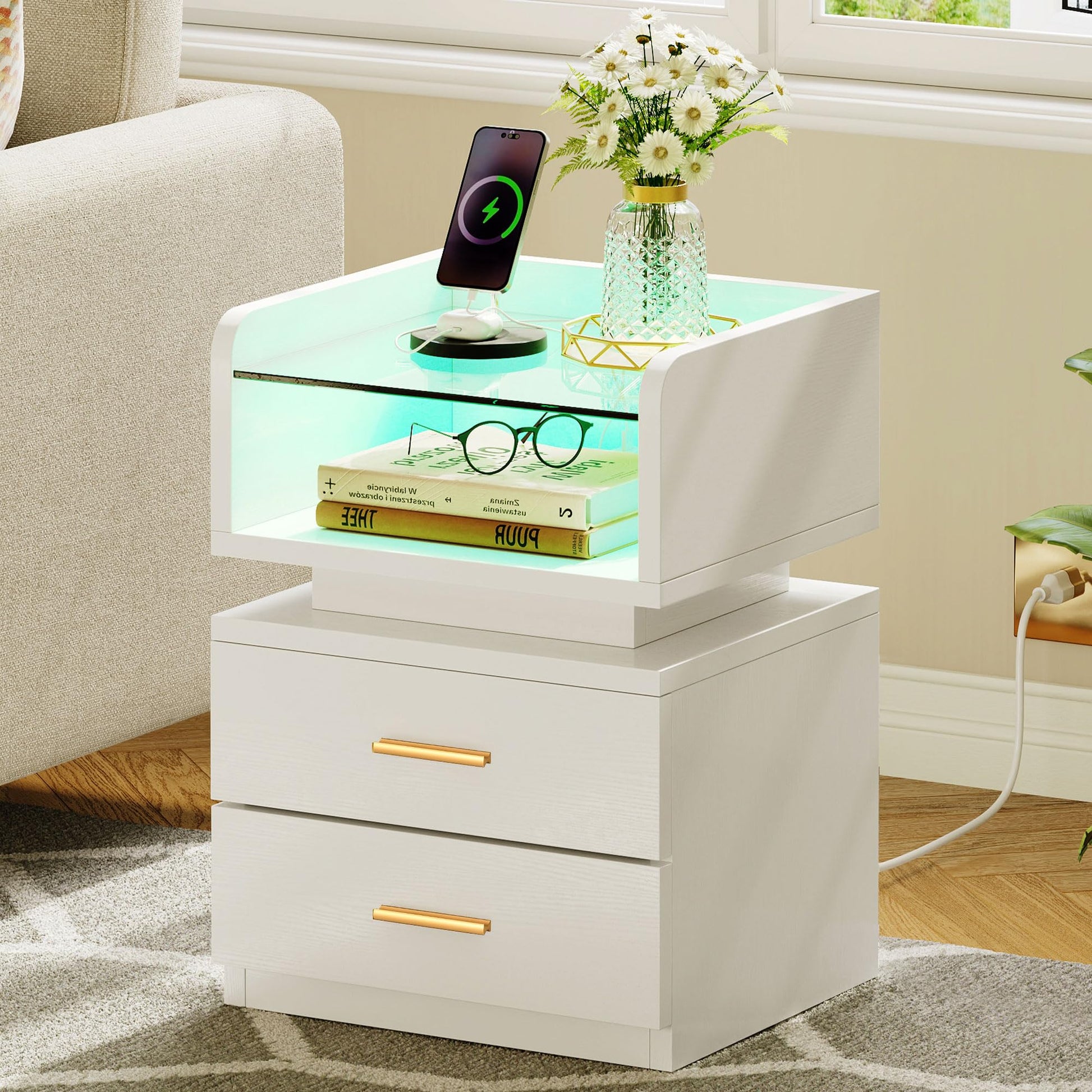 YITAHOME LED Nightstand with Charging Station, Night Stand with Glass Top, Modern Bedside Tables with 2 Drawers for Bedroom, End Side Table with USB Ports and Outlets, Set of 2, White & Gold - WoodArtSupply