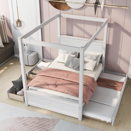 Stylish Full Size Canopy Bed with Trundle and Storage Drawers in Brushed White Bellemave