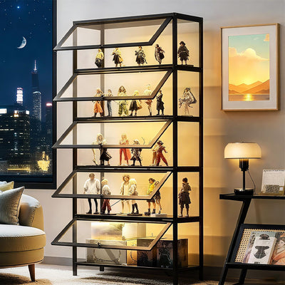 qeknxks Display Cabinet with Acrylic Doors, 5-Tier Bamboo Curio Display Cabinet, Display Cases for Figurine, Toy Organizers Rack & Display Shelf, Kids Bookcase for Home Office, Playroom, Living Room