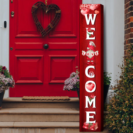 WovWeave Valentine's Day Porch Sign Gnome Pink heart Welcome Wooden Door Sign Hanging Valentine's Day Decorations Outdoor Indoor Decor for Valentine's Day Home Decoration, 8 x 47 Inch WovWeave