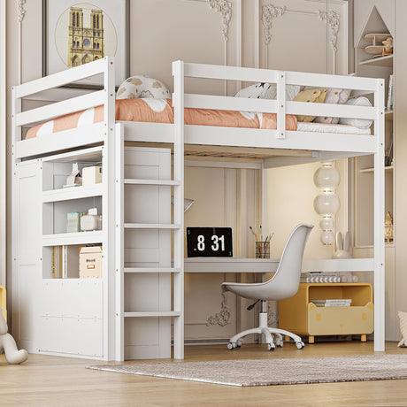 Harper & Bright Designs Full Size Loft Bed with Desk, Storage Shelves and Drawers, Solid Wood Loft Bed Frame with Built-in Wardrobe, White Harper & Bright Designs
