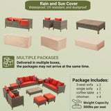 9 Pieces Patio Furniture Sets All Weather Reinforced Wicker Rattan Sectional Sofa with Metal Top Coffee Table Outdoor Furniture Conversation Set for Porch, Poolside, Garden, Backyard, Red Summax