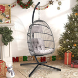 Patiorama Indoor Outdoor Egg Swing Chair with Stand, Patio Grey Wicker Rattan Hanging Chair with Rope Back, Cushion,Cover,All Weather Foldable Hammock Chair for Bedroom, Garden (Light Grey) Patiorama