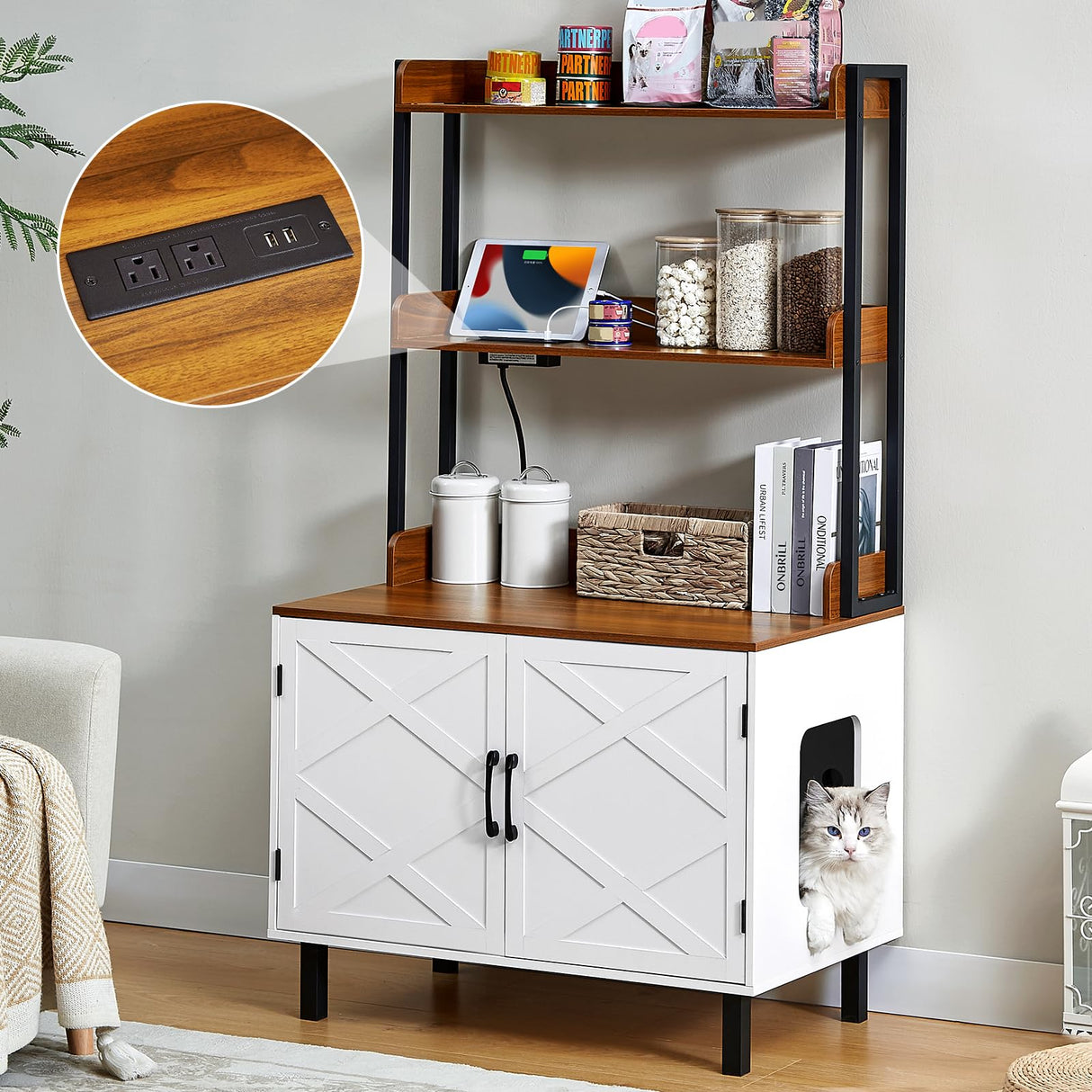 ONBRILL 55 Inches Cat Litter Box Enclosure, Hidden Litter Box Furniture with 2 Storage Shelves and Charging Sockets, Wooden Cat House, Large Indoor Cabinet for Livingroom & Entryway, White ONBRILL