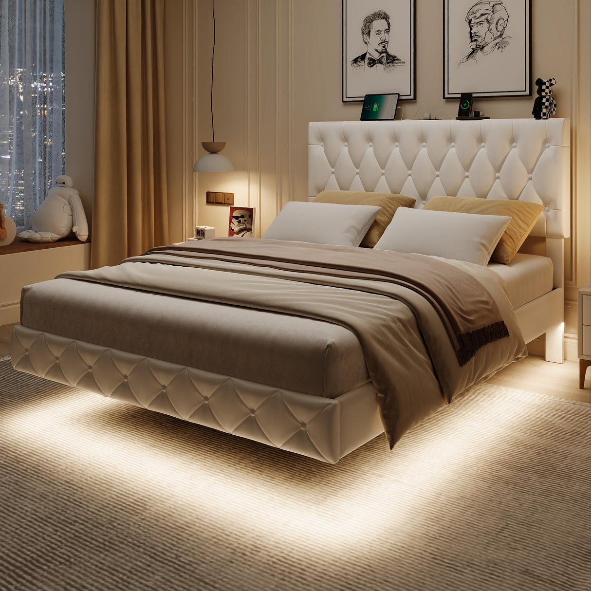 Lift Up Storage Bed Frame Queen Size Floating Bed Frame with Adjustable Headboard/LED Lights/Charging Station/Outlet,Velvet Upholstered Tufted Platform Bed Frame/Wooden Slat/No Box Spring Needed,White QPLZF