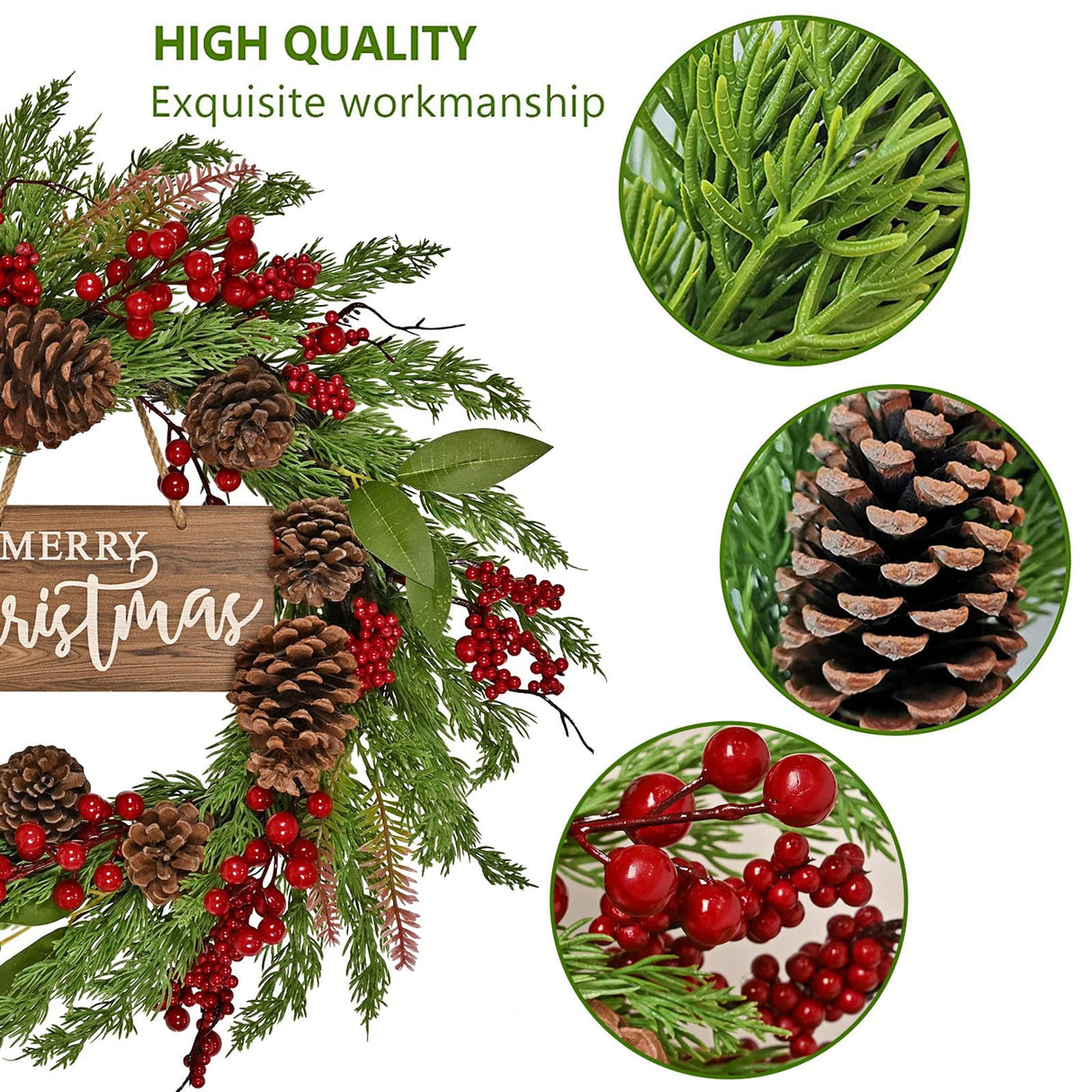 20 Inch Christmas Wreath with Pinecone Berries Christmas Decorations Front Door Wreath for Outdoor Indoor Party Wall Table Home Decor Brown Sign PGANDS