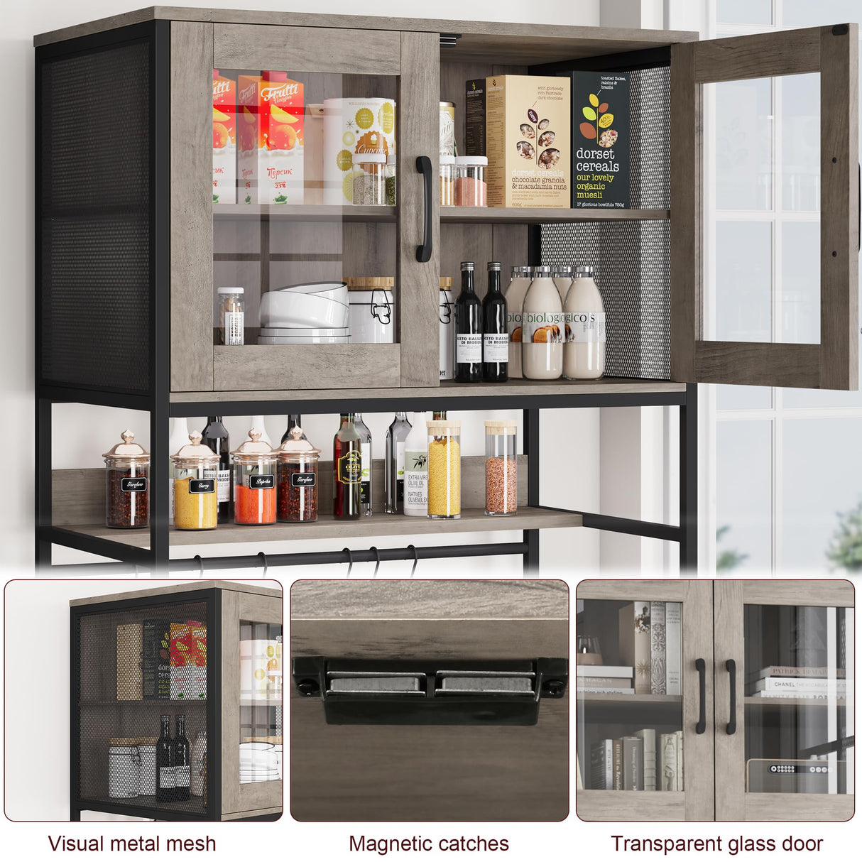 BOTLOG Hutch Cabinet with Storage, 71" H Kitchen Pantry Storage Cabinet with Microwave Stand, Hooks, Drawers for Home Bar, Kitchen, Dining Room, Industrial BOTLOG
