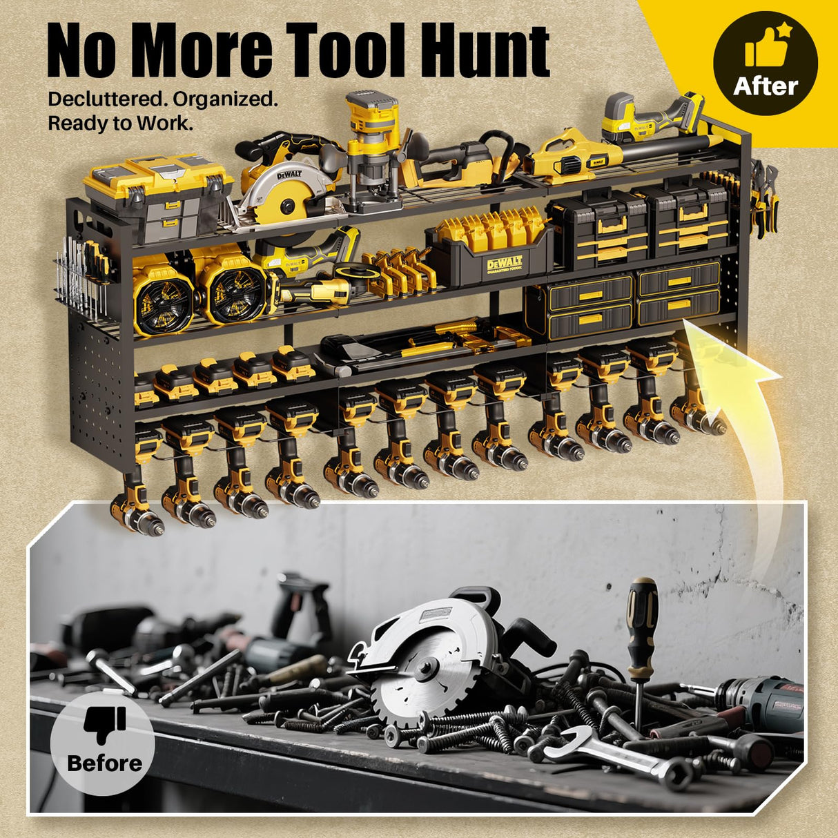 STURDIFLOW Large 49''W Power Tool Organizer Wall Mount | 620lbs Garage Storage Rack with 12 Cordless Drill Holder | 4-Tier Heavy Duty Utility Shelf for Battery Workshop Organization STURDIFLOW