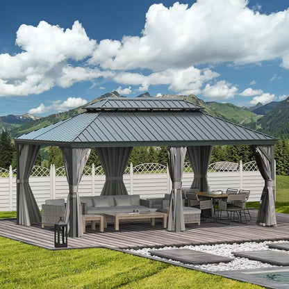 Domi 12'x20' Hardtop Gazebo Canopy,Outdoor Aluminum Gazebo with Galvanized Steel Double Roof,Large Permanent Gazebo Pavilion for Patio Deck Backyard,Curtain and Netting,Grey - WoodArtSupply