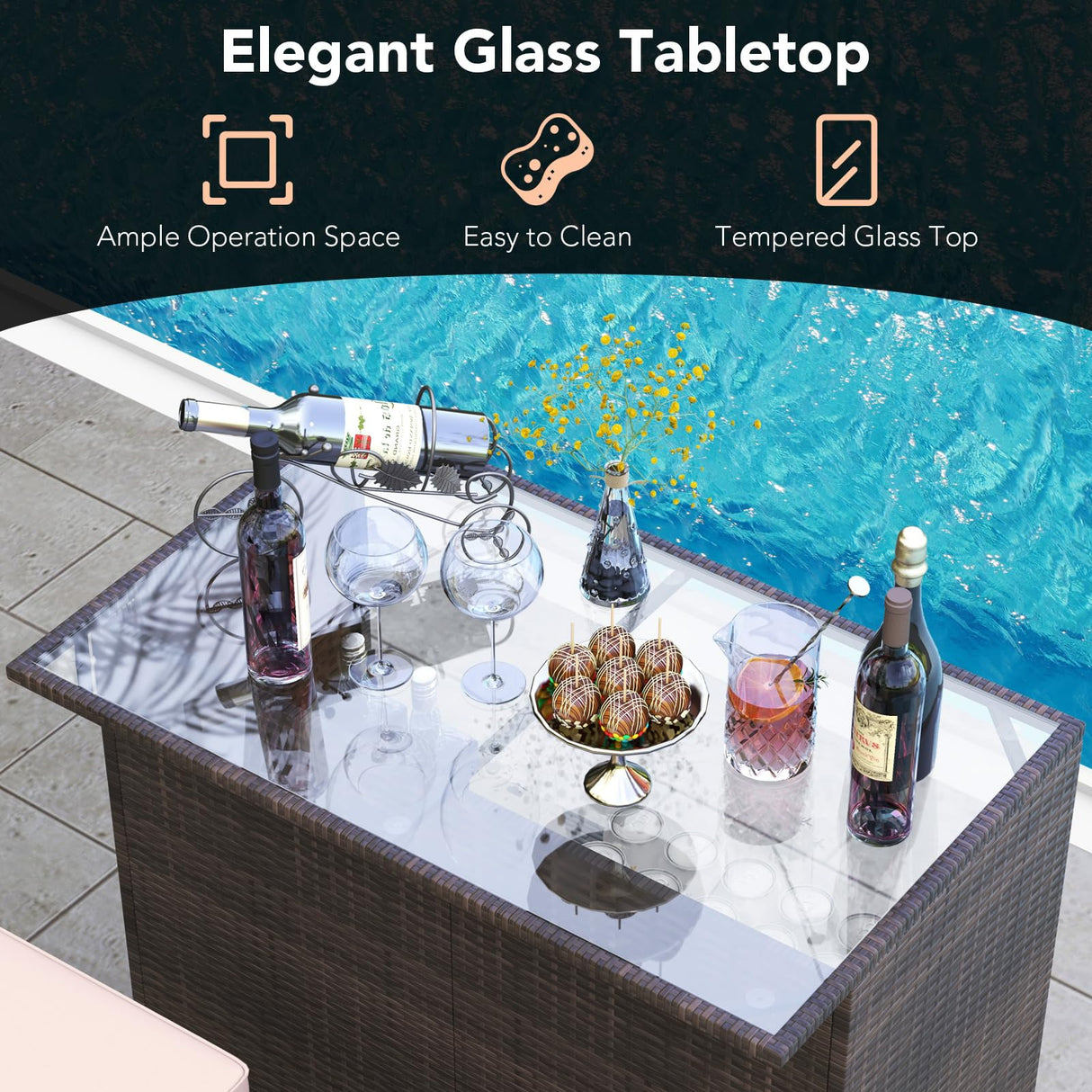 Tangkula 3 Piece Patio Bar Set, Outdoor Rattan Bar Table and 2 Stools with Tempered Glass Tabletop, 2-Tier Storage, Removable Cushions, Outside Wicker Conversation Set Tangkula