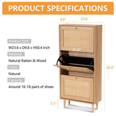 HOOLETE Narrow Shoe Cabinet with 3 Flip Drawers Hidden Freestanding Shoe Rack with Natural Rattan Doors Wooden Shoe Storage Cabinet with Solid Wood HOOLETE