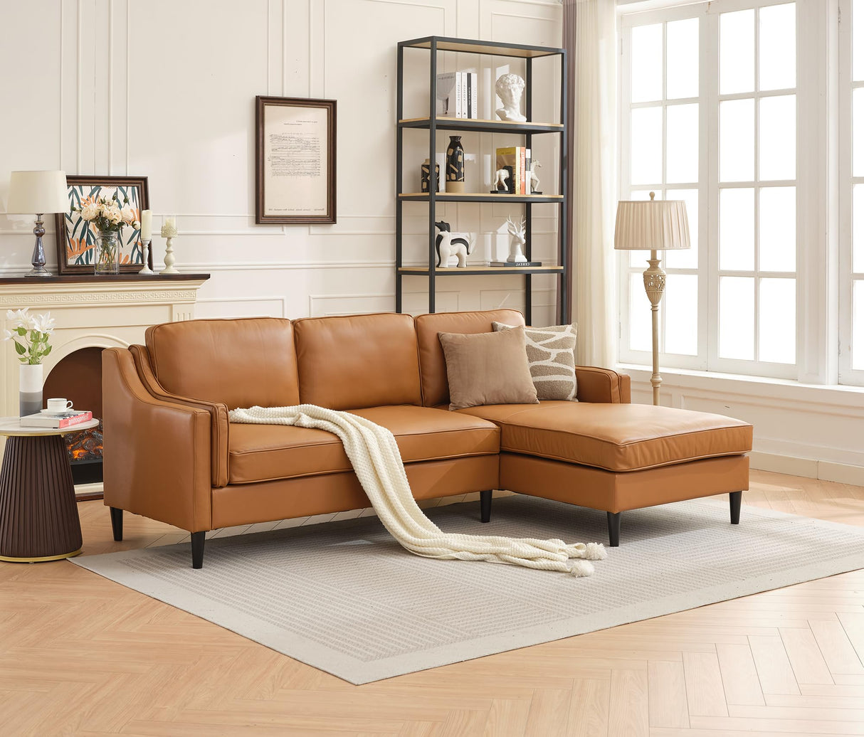94'' Modern Genuine Leather Upholstered L-Shaped Sofa with Double Layer Curved Armrests and Chaise Lounge for Living Room (Tan, Right-Hand Facing) Familymill