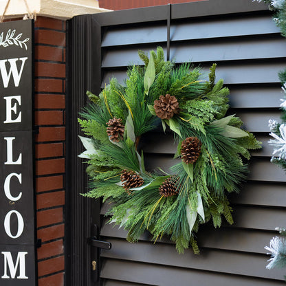 Winter Wreaths for Front Door, Soomeir Evergreen Christmas Wreath with Pine Cones Needles and Leaves, Year Round Decorations for Wall Windows Mantle Indoor Outdoor