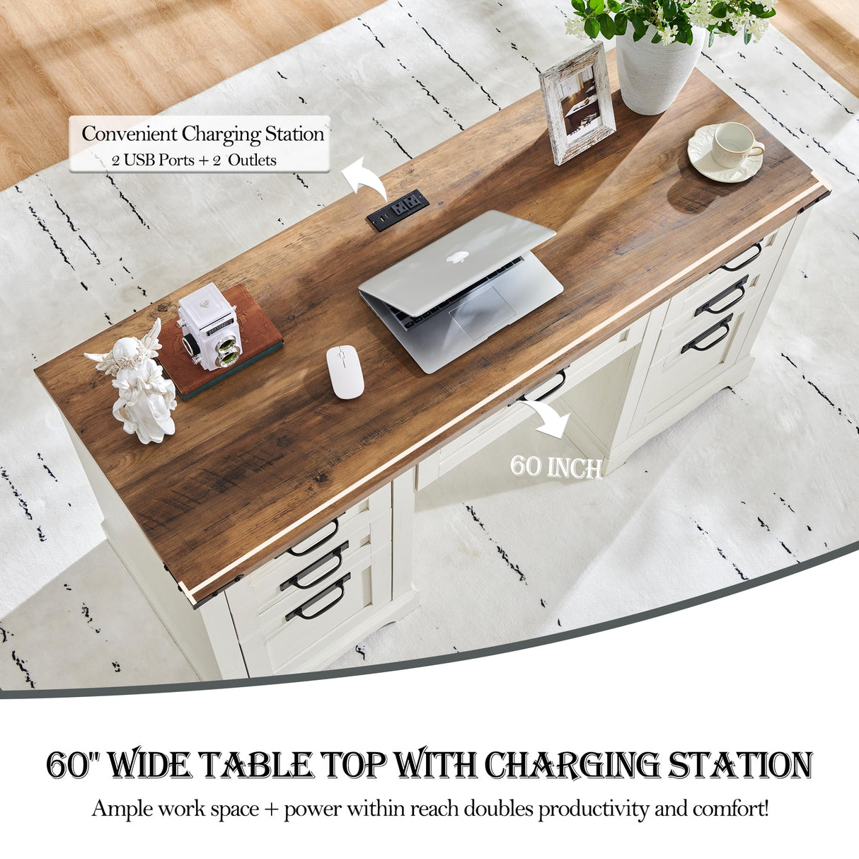 RedLemon 60" Farmhouse Executive Desk, Home Office Desk with Drawers, Charging Station, Keyboard Tray, File Drawer, Storage Cabinet, Wood Rustic Computer Writing Desk (Antique White) RedLemon