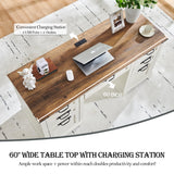 RedLemon 60" Farmhouse Executive Desk, Home Office Desk with Drawers, Charging Station, Keyboard Tray, File Drawer, Storage Cabinet, Wood Rustic Computer Writing Desk (Antique White) RedLemon