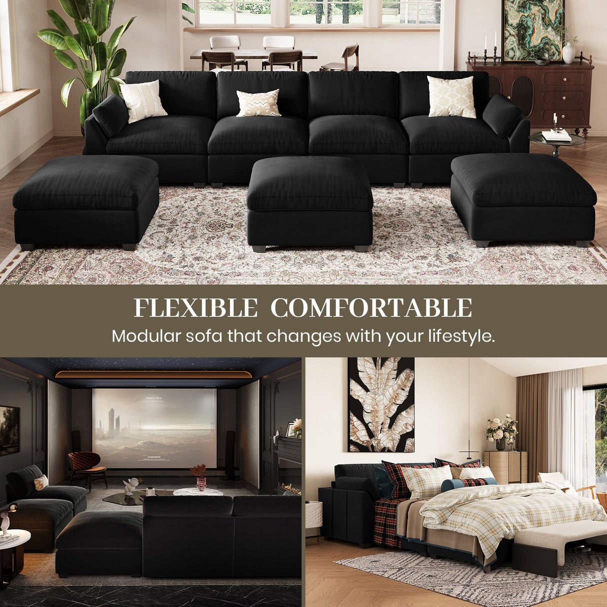 Belffin Extra Large Modular Sectional Sofa,106.3" 4-Seater L Shaped Couch,Velvet Convertible Sectional Couches for Living Room,Comfy Upholstered Modern Cloud Couch,Black Sofa Belffin