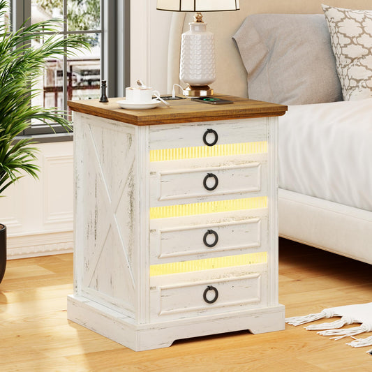 FREDEES Farmhouse Nightstand with Gun Drawer, Bedside Table with Charging Station, Night Stand Gun Holder with LED Light & Human Sensor, End Table for Bedroom Living Room, Antique White - WoodArtSupply